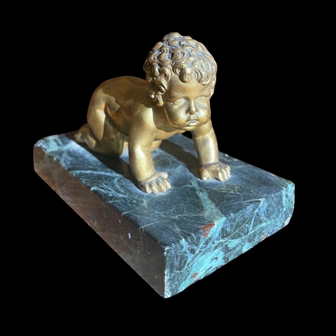 Sculpture Of A Cherub In Gilded Bronze And Green Marble 