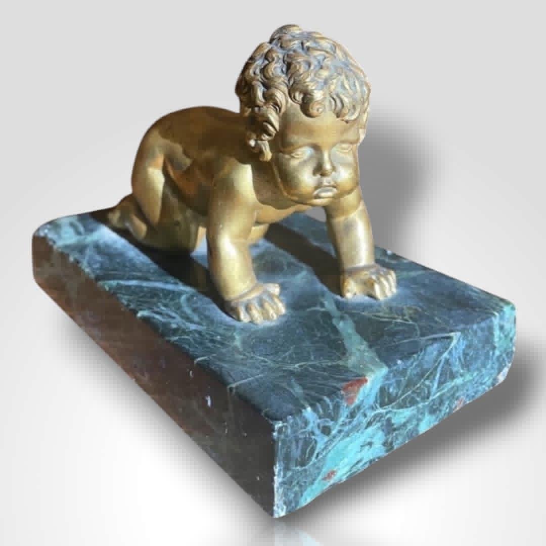 Sculpture Of A Cherub In Gilded Bronze And Green Marble 