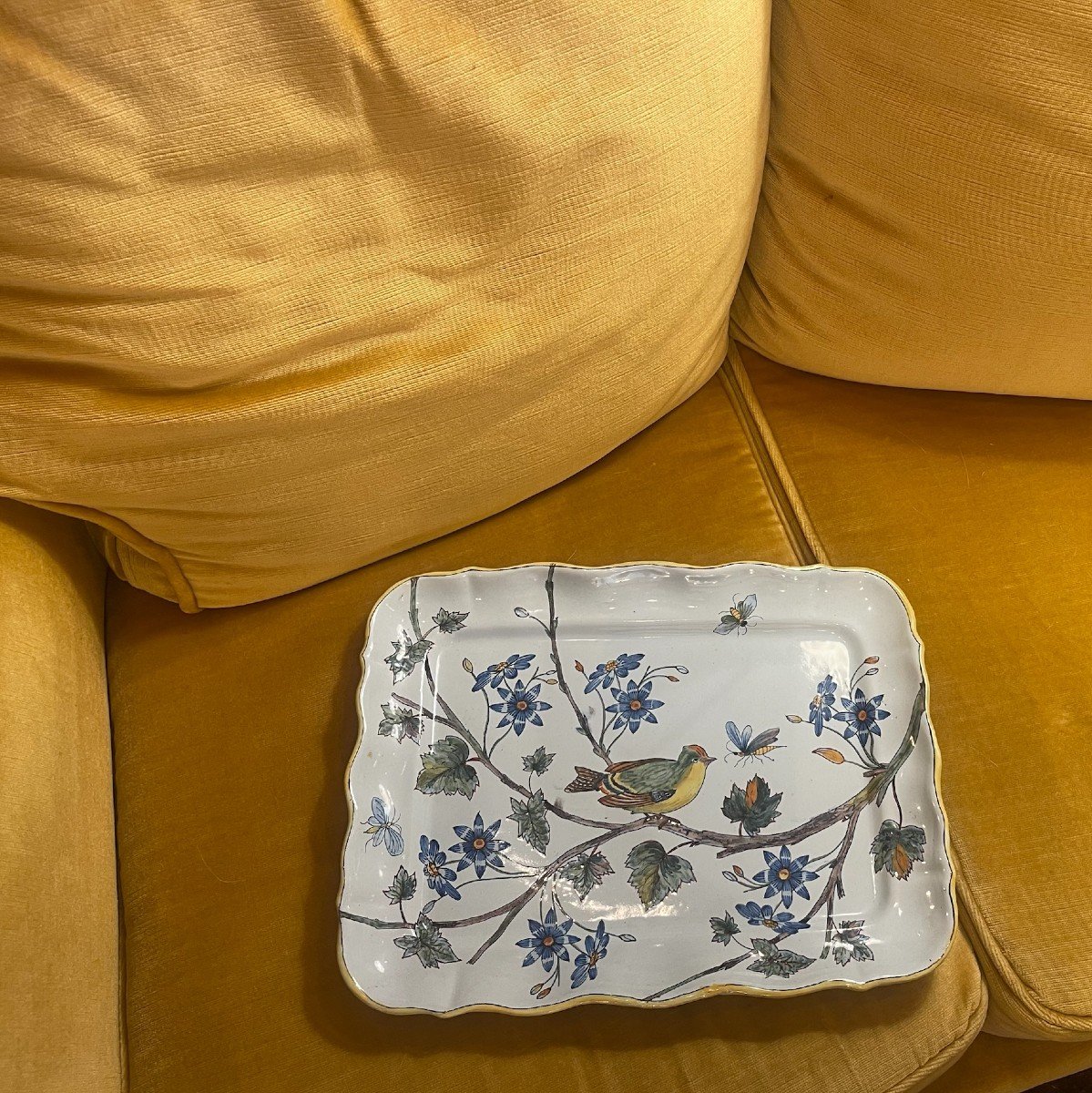 Porquier Beau Scalloped Earthenware Dish With Yellow Edges Decorated With Titmouse-photo-3