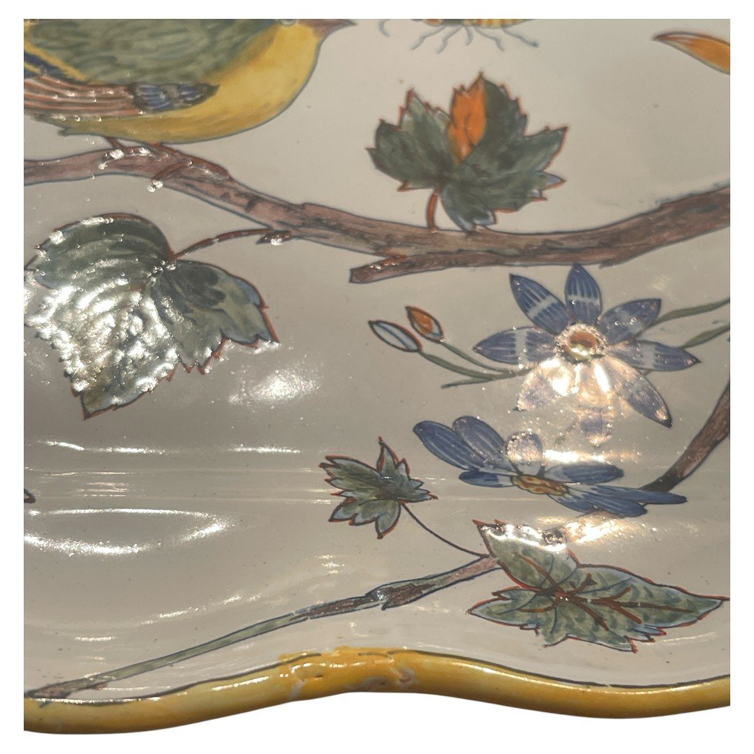 Porquier Beau Scalloped Earthenware Dish With Yellow Edges Decorated With Titmouse-photo-4