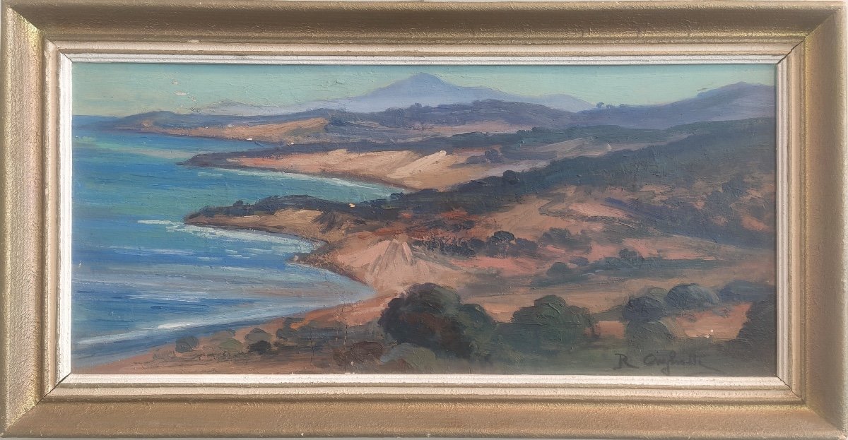 Romeo Aglietti, Coastal View, Oil On Panel, Twentieth-photo-2