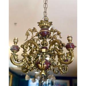 Chandelier In Gilt Bronze And Red Marble, Late 19th Century