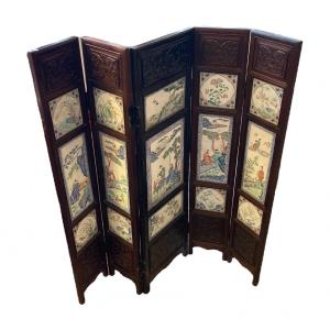 Small Five-panel Exotic Wood Screen With Enameled Plaques, China, 19th Century
