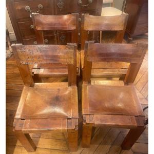 Pierre Chapo, Lot De cinq Chaises « S11 » en  orme et cuir cognac