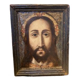 Oil On Carton, Portrait Of Christ Savior Of The World, Early 19th Century