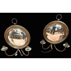 Witches Mirror Sconces In Brass And Golden Wood, 1950s.