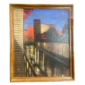 Marguerite De Corini (1897-1982). View On Busy Street, Oil On Canvas., 1932