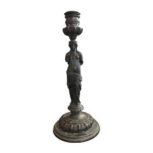 Caryatid Woman Candlestick In Bronze, Ferdinand Barbedienne, 19th Century