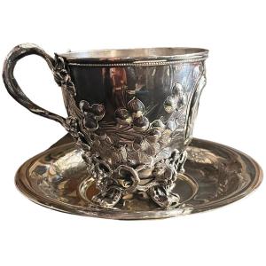 American Silver Cup With A Saucer Decorated With Vine Leaves, 19th Century