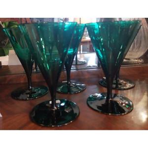 Set Of 5 Blown Green Murano Glasses, 20th Century