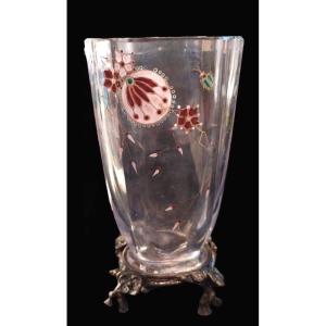 Baccarat, Crystal Vase With Painted Decoration And Bronze Mount, 19th Century