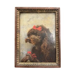 Alfred Decaen (1820-1902), Oil On Cardboard, Portrait Of A Poodle With Red Bows, 19th Century