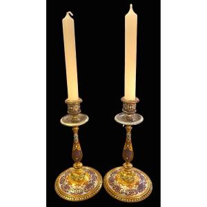 Pair Of Cloisonné Enamel Candlesticks 