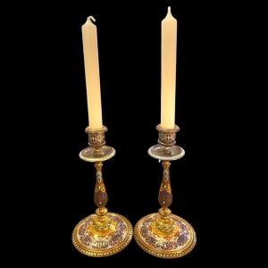 Pair Of Cloisonné Enamel Candlesticks 