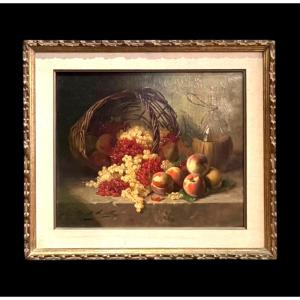 Alfred Arthur Brunel De Neuville ( 1852 – 1941), Huile Sur Toile, Corbeille De Fruits Renversée