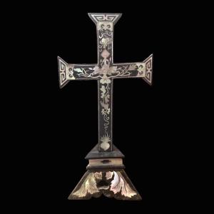 Ebony And Mother-of-pearl Cross On Its Base, Indochina, 19th Century