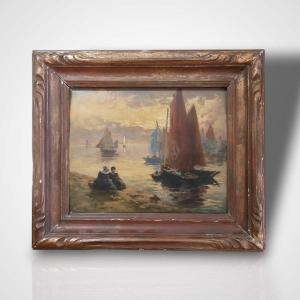 Henri Alphonse Barnoin (1882-1935), Oil On Panel, Marine, 20th Century