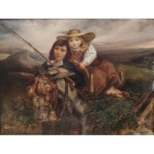 Henri Toussaint Gobert, Oil On Panel, Muleteer And Child, 19th Century