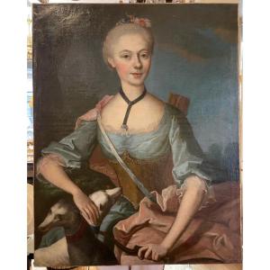 Johann Michael Millitz (1725-1779), Huile sur toile, Portrait d'une jeune fille en Diane Chasseresse , 1764