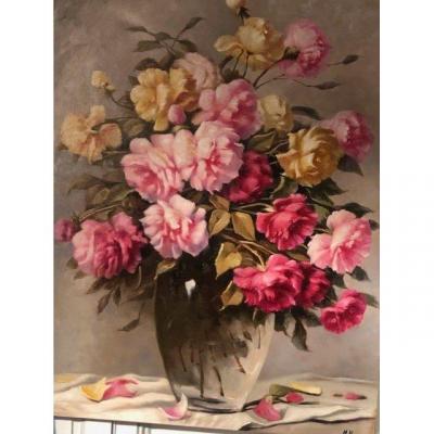 Oil On Canvas Bouquet Of Flowers, Large Painting By Mickael Harry Twentieth