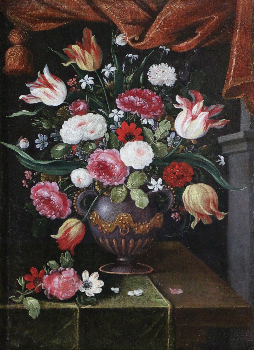 Andries Daniels (1580 – 1640) Et Atelier. Riche Bouquet De Fleurs Dans Un Vase-photo-2