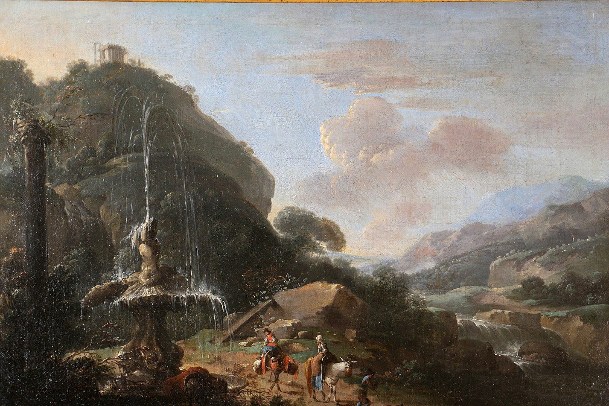 Ecole Romaine Du 18è Siècle. Paysage Animé Et Capriccio De La Campagne Romaine à Tivoli-photo-2