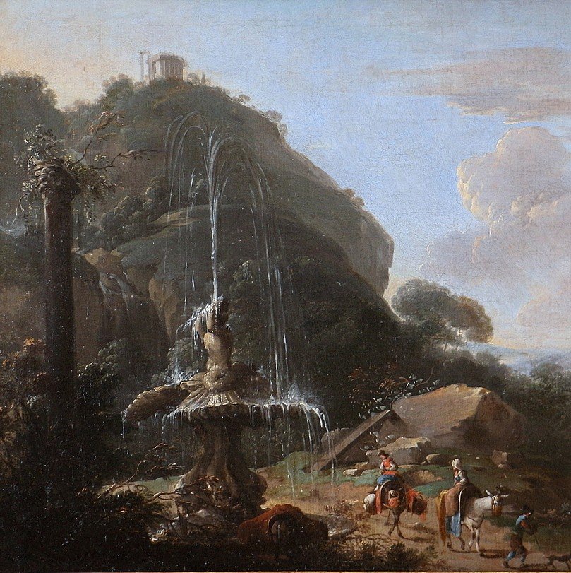 18th Century Roman School. Animated Landscape And Capriccio Of The Roman Campagna At Tivoli