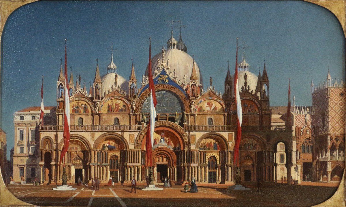 Ippolito Caffi (1809-1866) Attributed. The Basilica Of San Marco Under A Low Sun Circa 1860.-photo-3