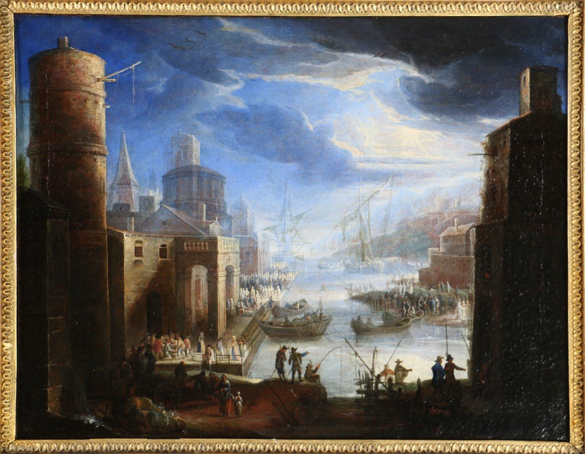 Giovanni Grevenbroeck Dit Il Solfarolo (1650 -1699). Marine, Capriccio Portuaire.-photo-2