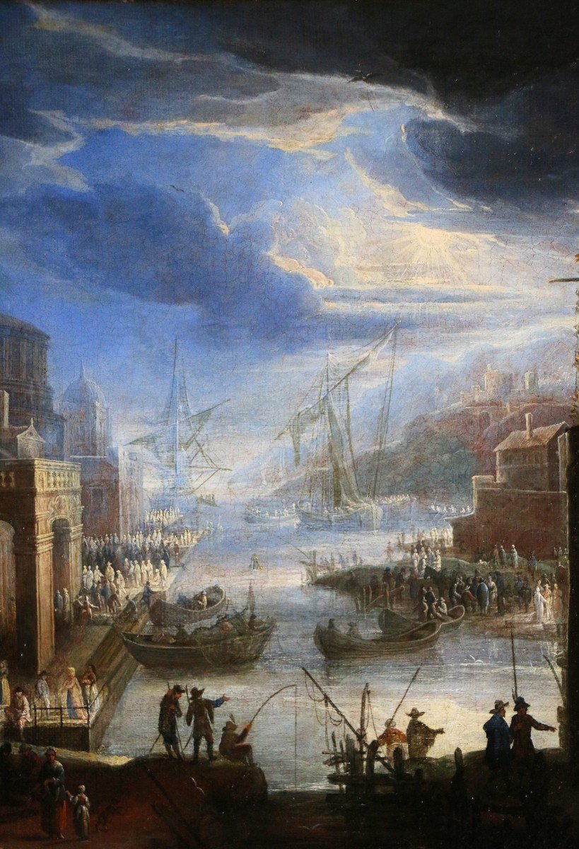 Giovanni Grevenbroeck Dit Il Solfarolo (1650 -1699). Marine, Capriccio Portuaire.-photo-2