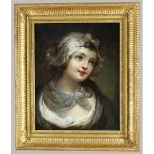 Jeanne-philiberte Ledoux (1767-1840) attribué.  Portrait De Jeune Fille Au Bonnet vers 1800