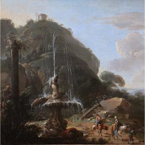 18th Century Roman School. Animated Landscape And Capriccio Of The Roman Campagna At Tivoli