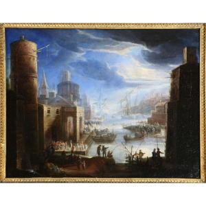 Giovanni Grevenbroeck Dit Il Solfarolo (1650 -1699). Marine, Capriccio Portuaire.