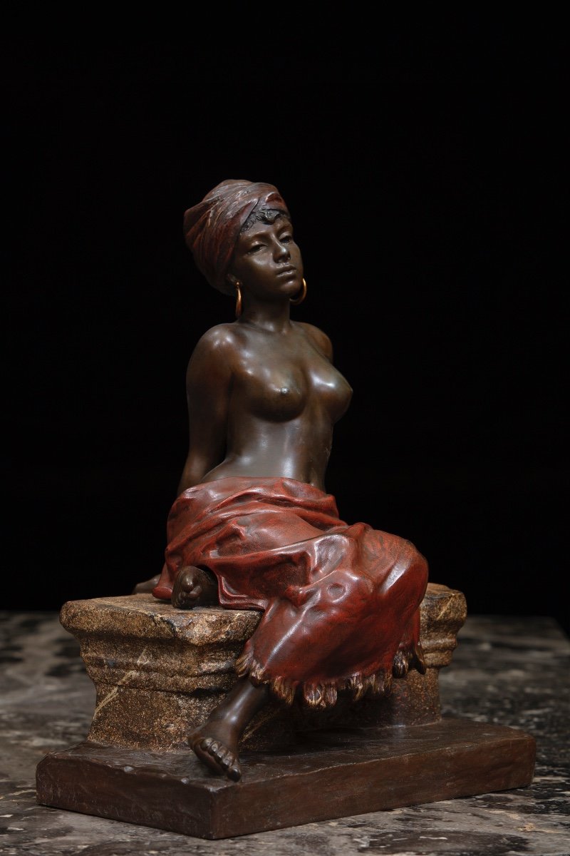 Double Patina Bronze Sculpture Depicting An Oriental Slave With A Turban, Signed "villanis".-photo-2