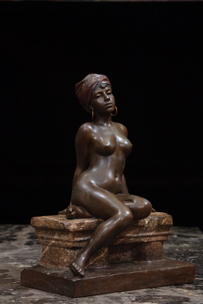 Double Patina Bronze Sculpture Depicting An Oriental Slave With A Turban, Signed "villanis".-photo-1