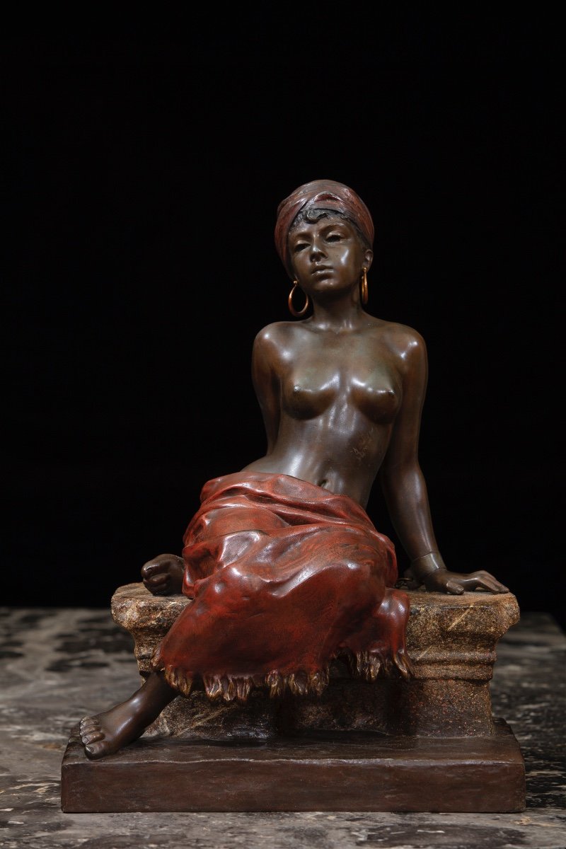 Double Patina Bronze Sculpture Depicting An Oriental Slave With A Turban, Signed "villanis".