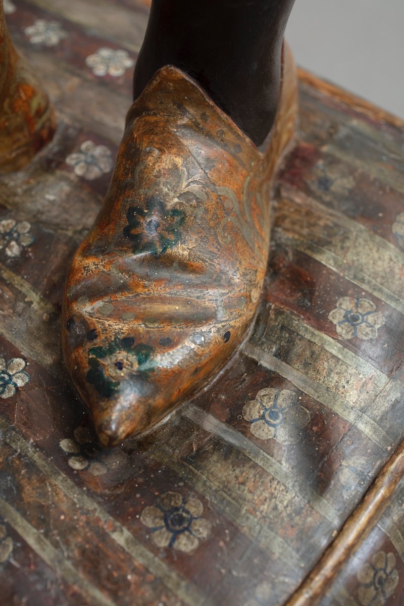 Two Torch Holders In Sculpted, Lacquered And Gilded Wood Resting On Cushions.-photo-6