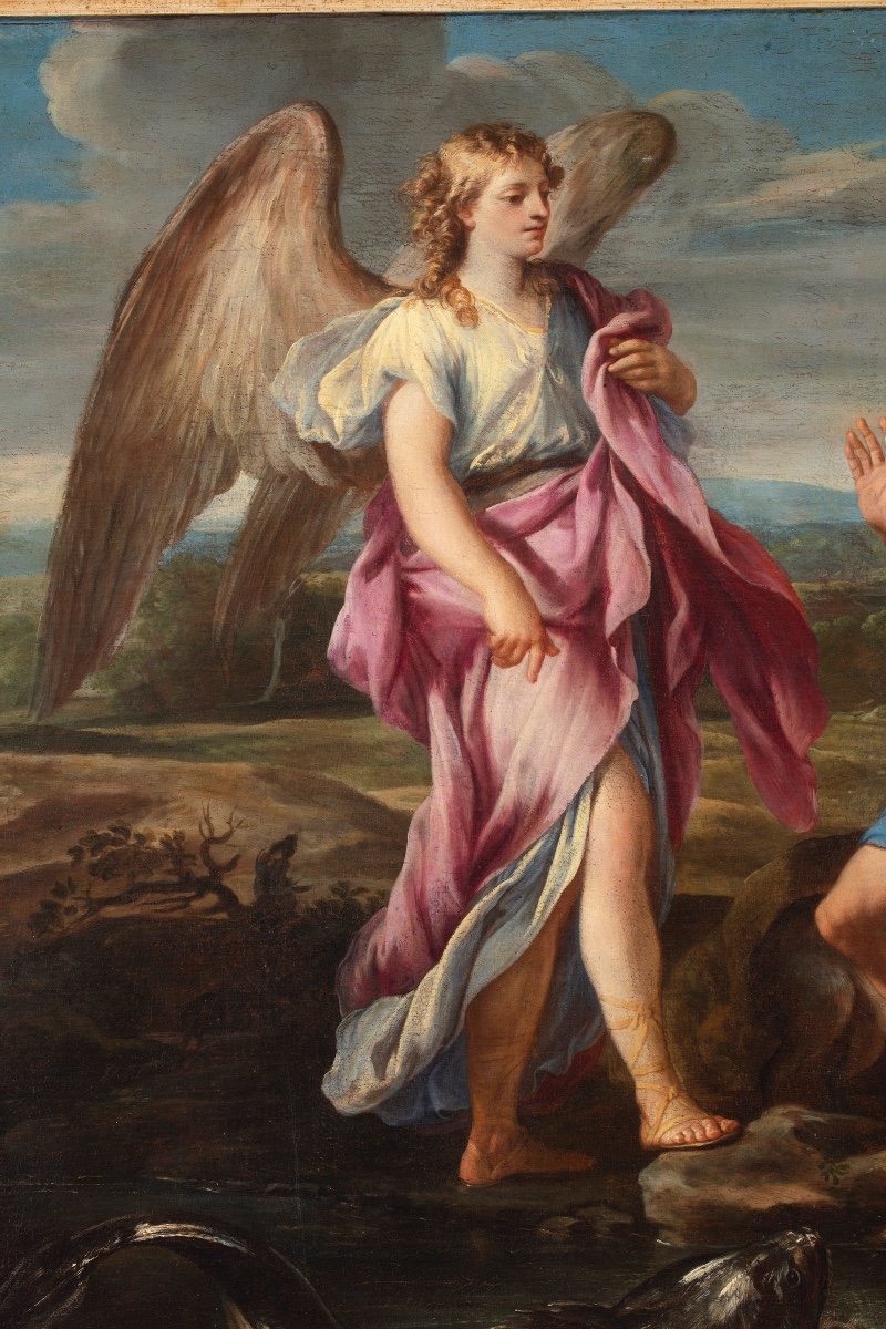 Large Oil Painting On Canvas By Marco Benefial (rome 1684-1764) Depicting "tobias And The Angel-photo-2