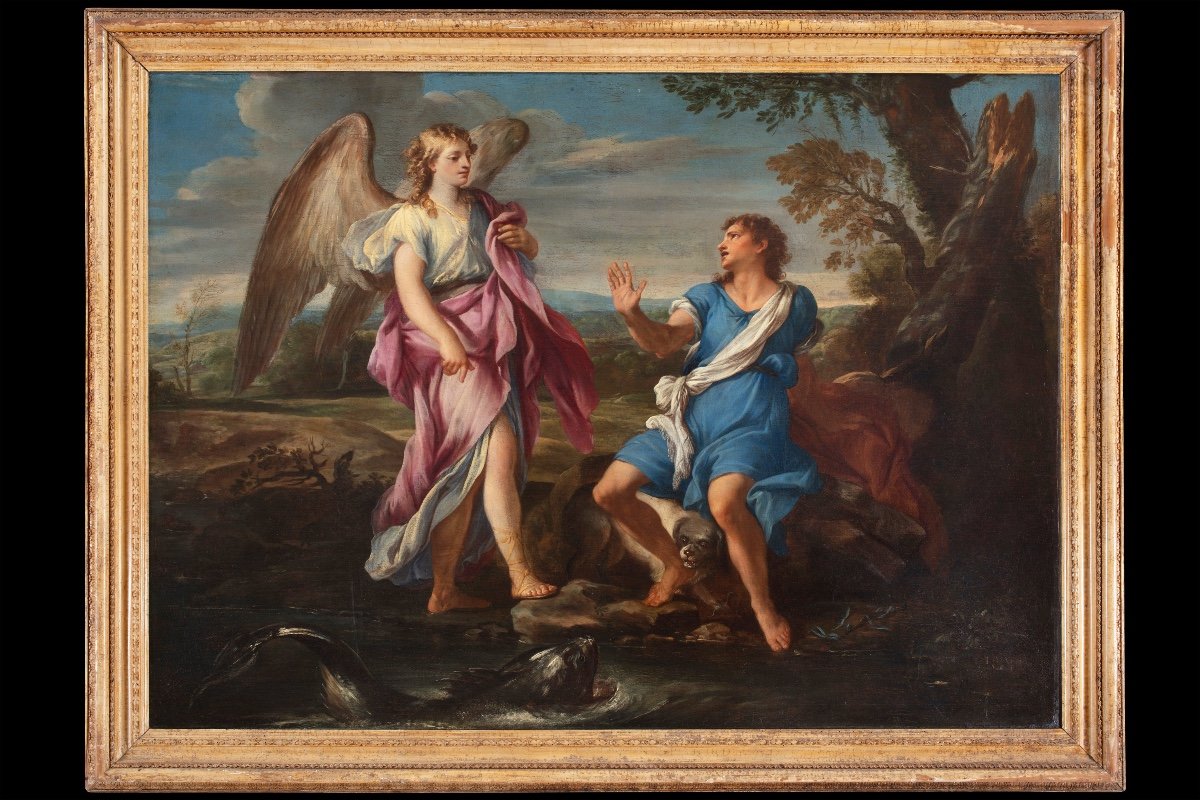 Large Oil Painting On Canvas By Marco Benefial (rome 1684-1764) Depicting "tobias And The Angel