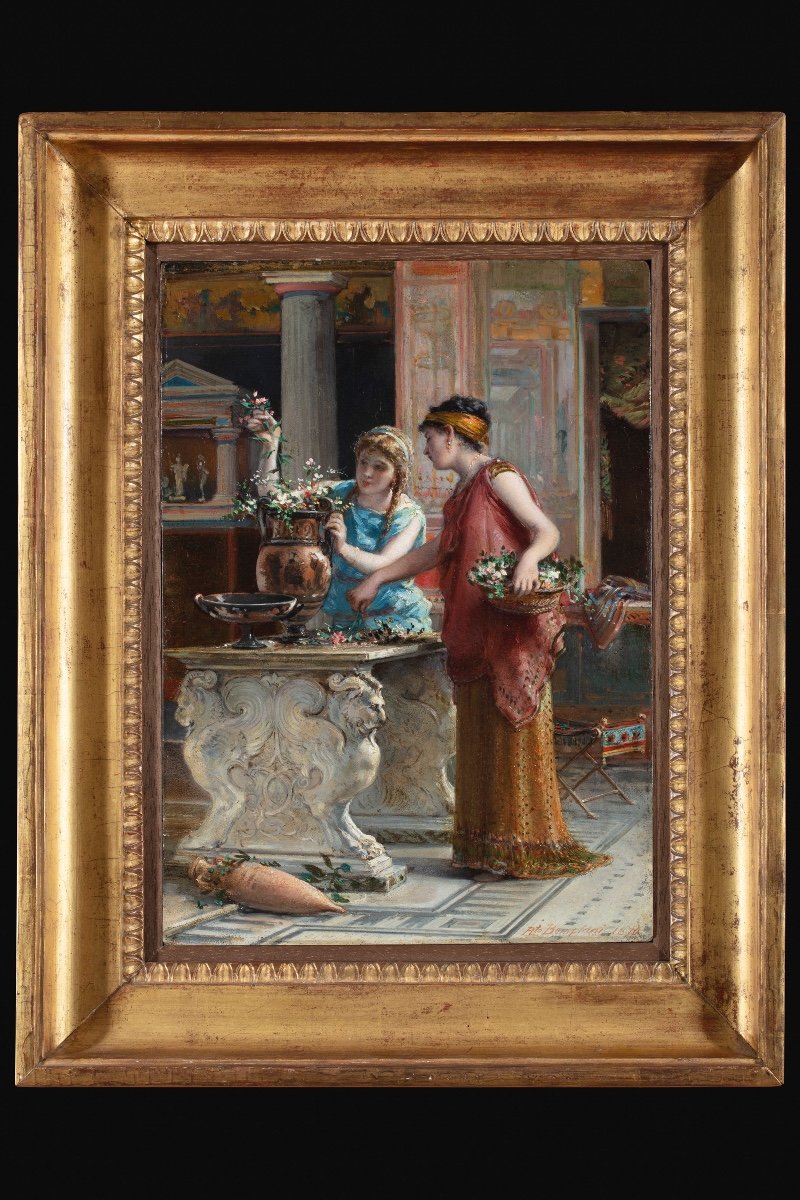 Peinture De Roberto Bompiani (rome 1821-1908) Représentant Un Intérieur Pompéien 