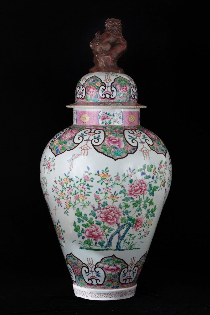 Large Polychrome Porcelain Vase In Shades Of Green And Pink, On A White Background.-photo-2