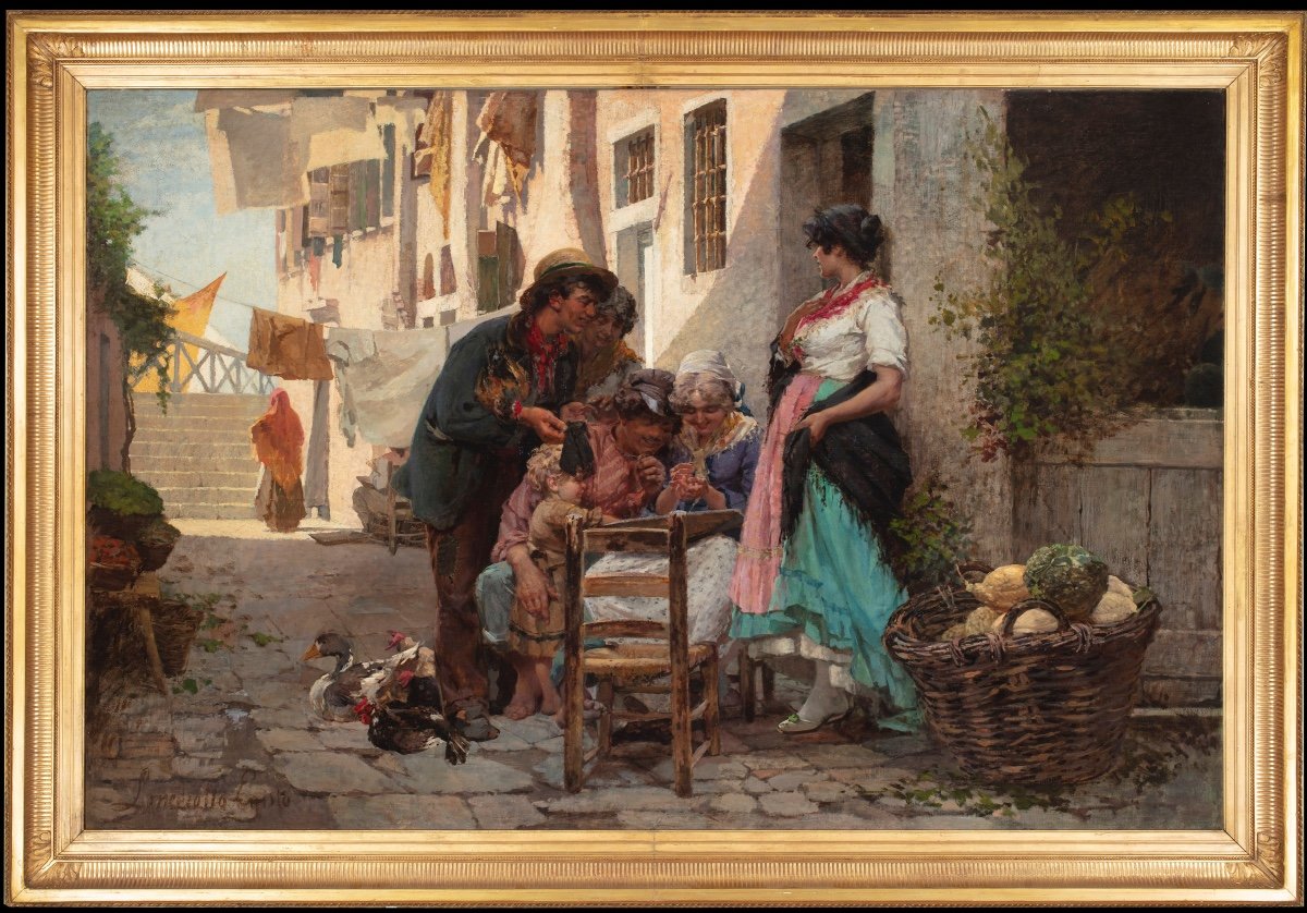 Painting By Egisto Lancerotto (1847-1916) , “the Game Of Tombola”