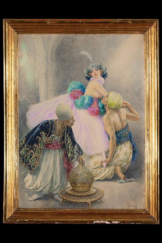 Pair Of Orientalist Watercolors By Cesare Saccaggi-photo-2