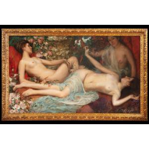 Painting Oil On Canvas By Cesare Ferro "three Nudes"