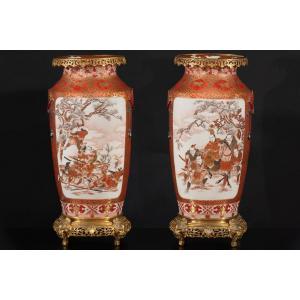 Pair Of Japanese Polychrome Porcelain Vases, Meiji Period