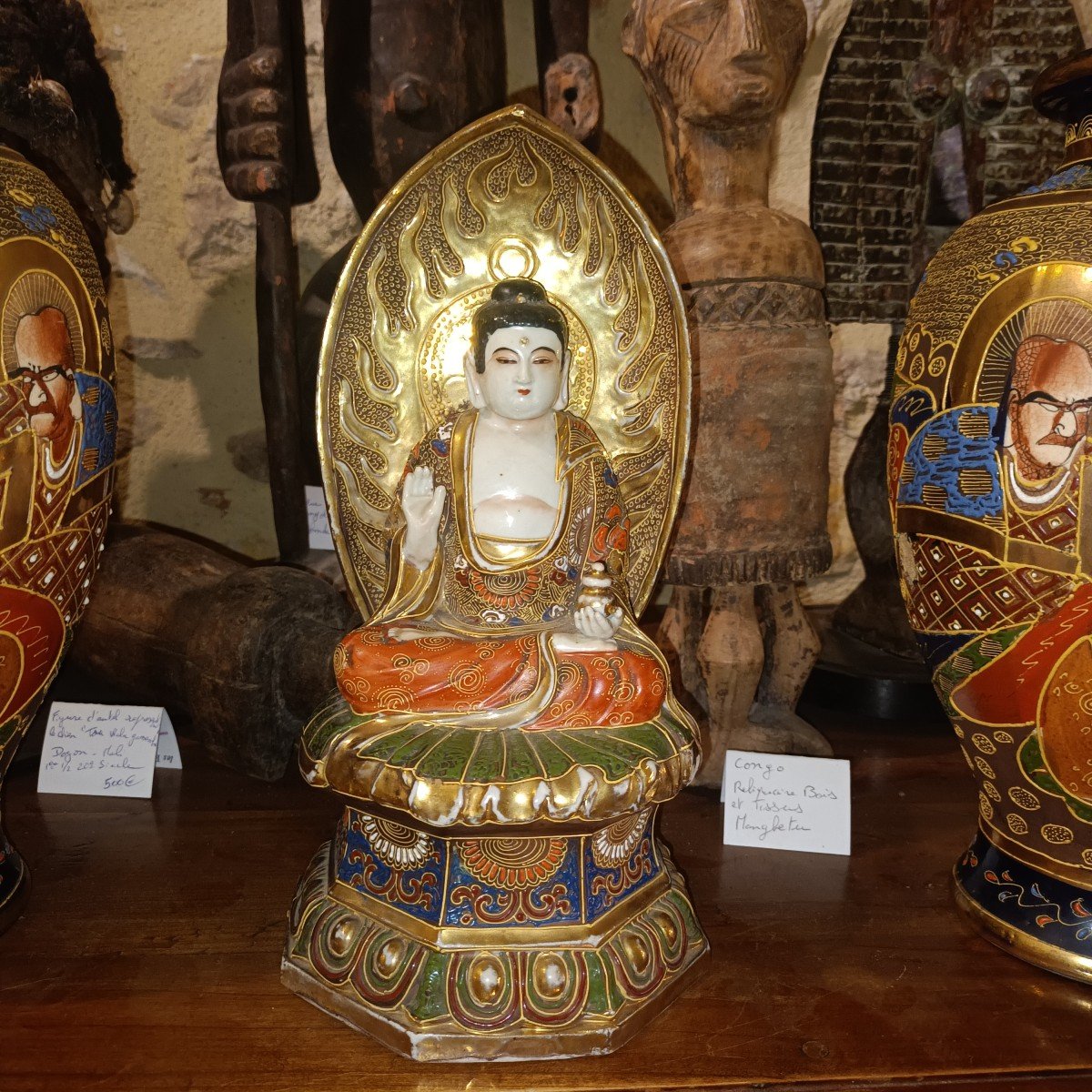 Japon; Ensemble Bouddha Et 2 Vases Satsuma, époque Meiji-photo-2