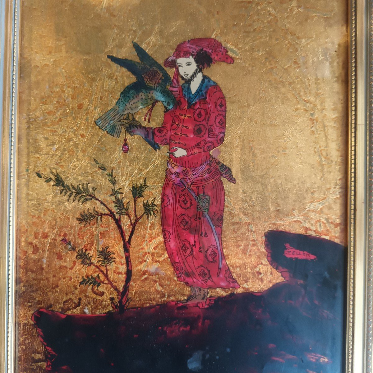 Michel Zeller Lacquer Fixed Under Glass And 22 Carat Gold Leaf "the Falconer"-photo-2