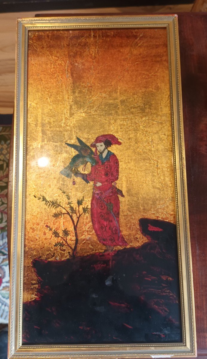 Michel Zeller Lacquer Fixed Under Glass And 22 Carat Gold Leaf "the Falconer"