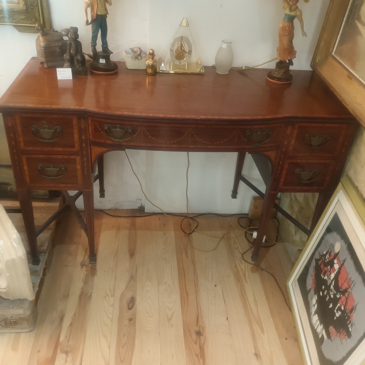 English Desk In Mahogany Veneer And Inlaid Decor In Fruit Wood-photo-2