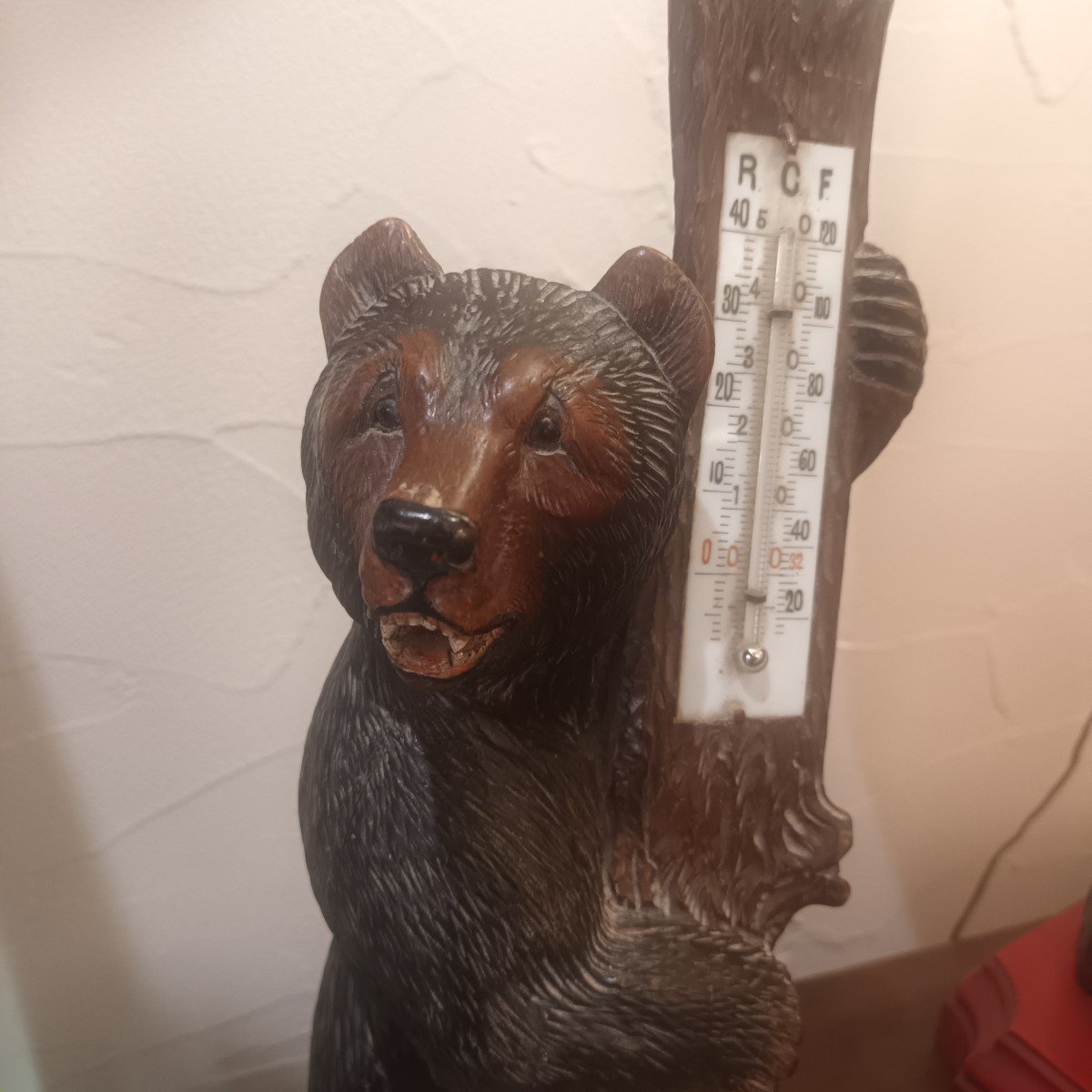 Foret Noire: Carved Wooden Bear Holding A Thermometer 19th Century -photo-2